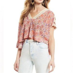⚡️Free People Floral Crochet Trim V Cropped Relaxed Oversized Blouse